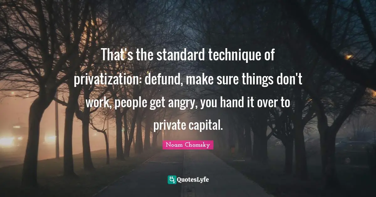 Noam Chomsky Quotes: That's the standard technique of privatization: defund, make sure things don't work, people get angry, you hand it over to private capital.