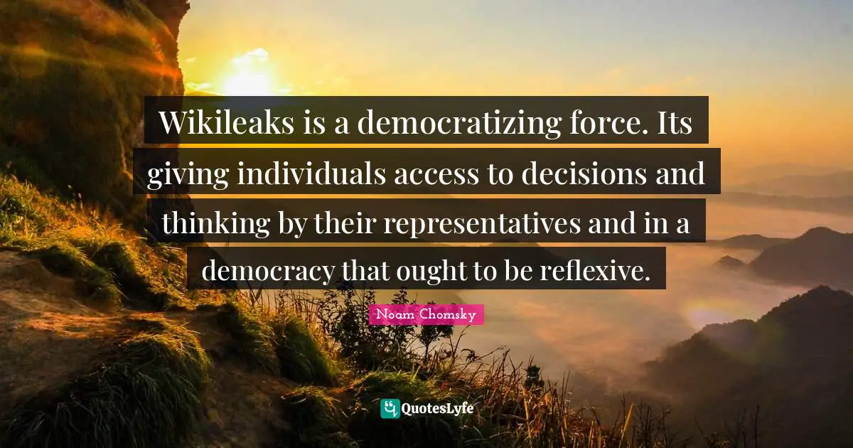 Wikileaks is a democratizing force. Its giving individuals access to decisions and thinking by their representatives and in a democracy that ought to be reflexive.