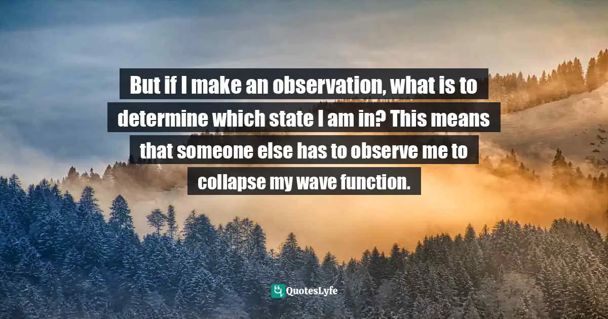 Wave Function Quotes: "But if I make an observation, what is to determine which state I am in? This means that someone else has to observe me to collapse my wave function."