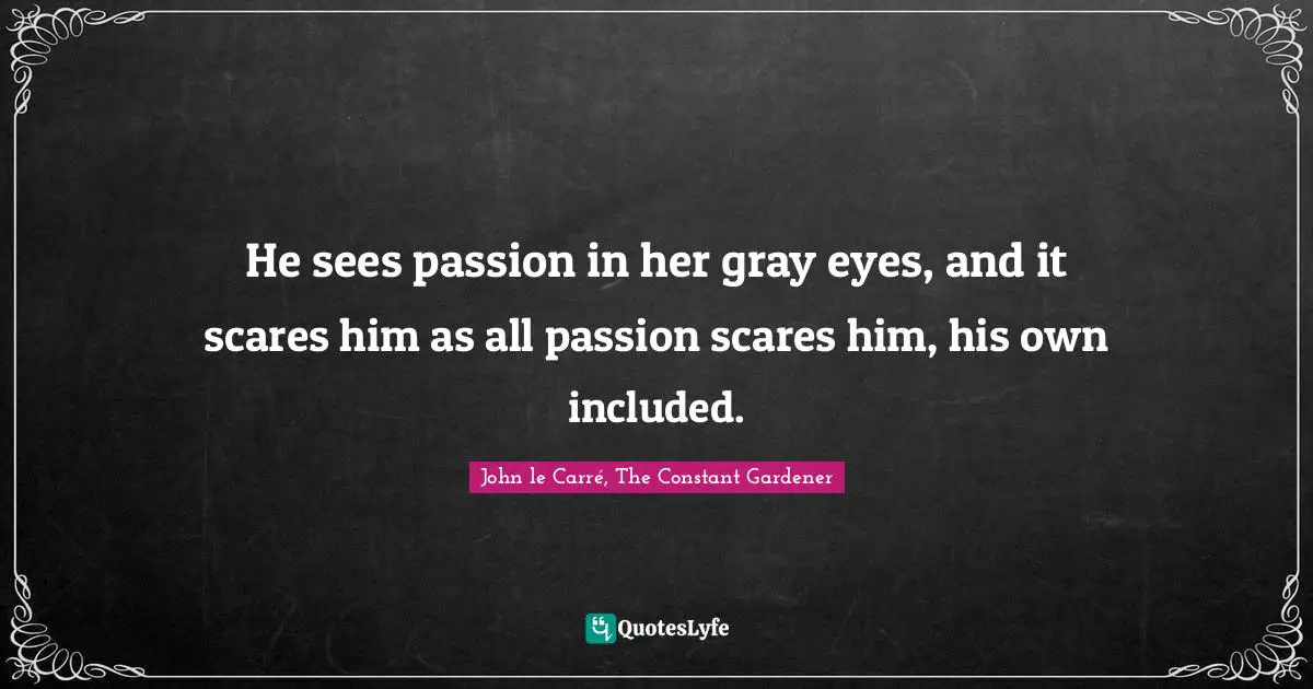 He sees passion in her gray eyes, and it scares him as all passion scares him, his own included.