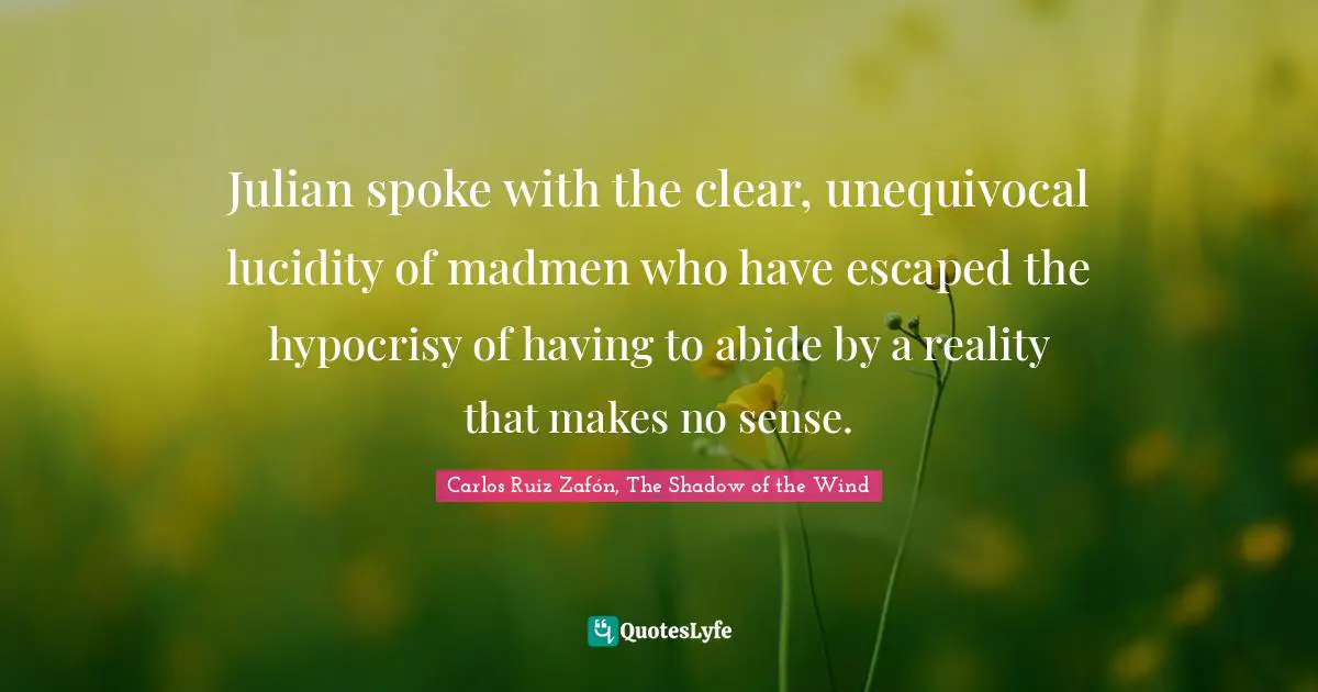 Carlos Ruiz Zafón, The Shadow Of The Wind Quotes: "Julian spoke with the clear, unequivocal lucidity of madmen who have escaped the hypocrisy of having to abide by a reality that makes no sense."