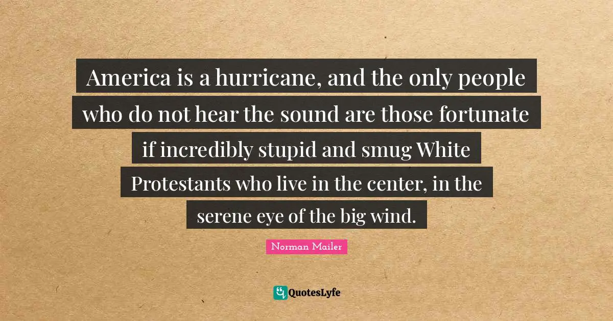 America is a hurricane, and the only people who do not hear the sound are those fortunate if incredibly stupid and smug White Protestants who live in the center, in the serene eye of the big wind.