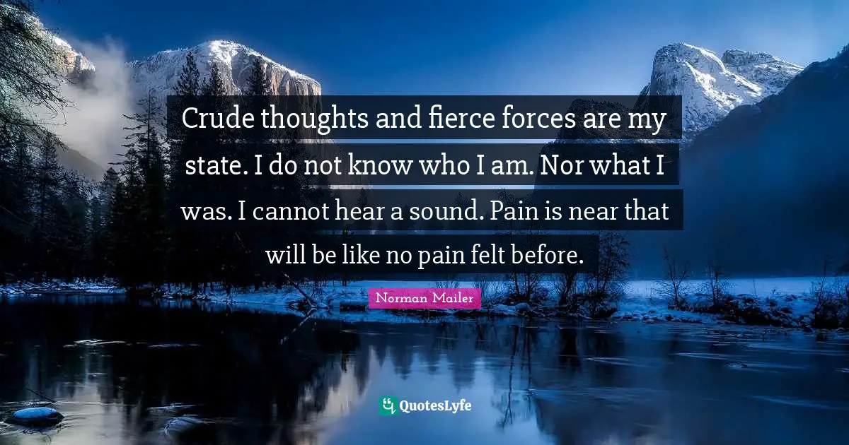 Crude thoughts and fierce forces are my state. I do not know who I am. Nor what I was. I cannot hear a sound. Pain is near that will be like no pain felt before.