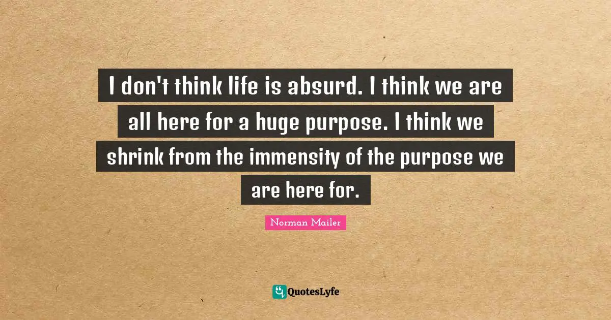 Norman Mailer Quotes: "I don't think life is absurd. I think we are all here for a huge purpose. I think we shrink from the immensity of the purpose we are here for."