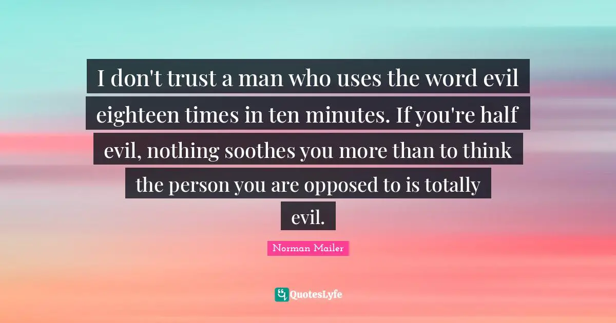 I don't trust a man who uses the word evil eighteen times in ten minutes. If you're half evil, nothing soothes you more than to think the person you are opposed to is totally evil.
