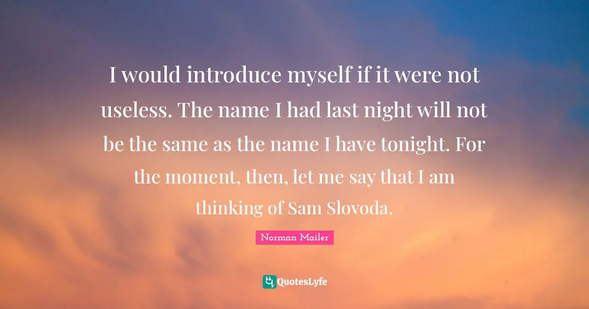I would introduce myself if it were not useless. The name I had last night will not be the same as the name I have tonight. For the moment, then, let me say that I am thinking of Sam Slovoda.