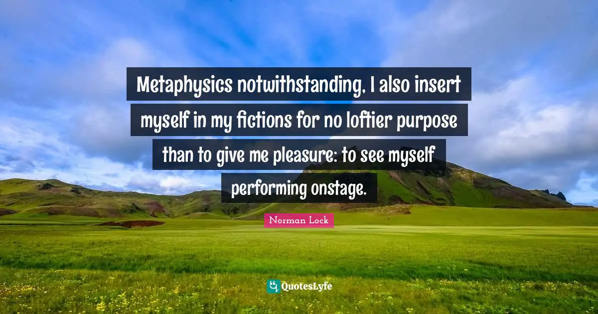 Metaphysics notwithstanding, I also insert myself in my fictions for no loftier purpose than to give me pleasure: to see myself performing onstage.