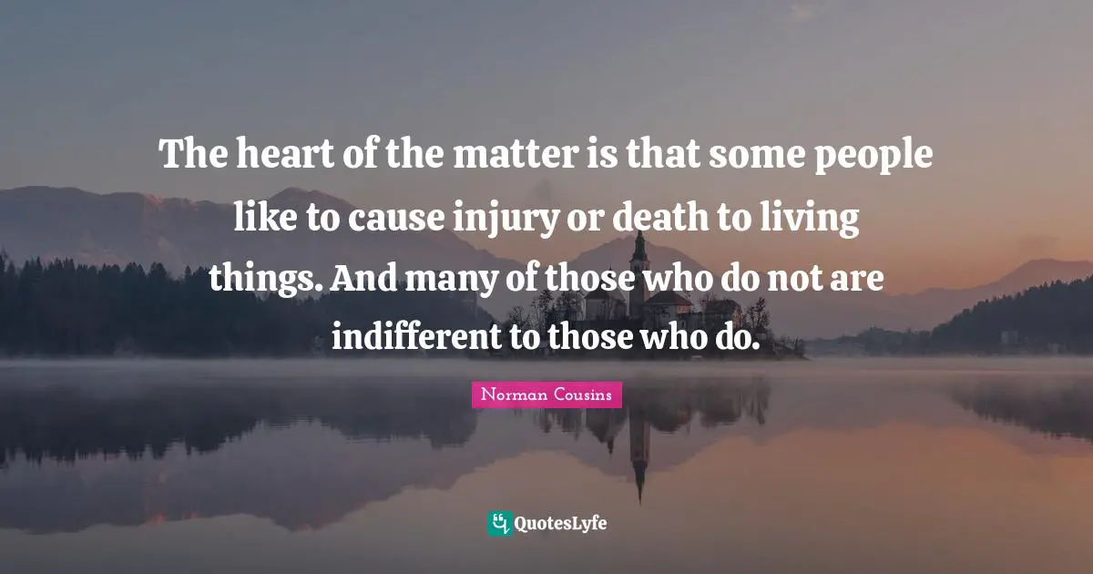 Indifferent Quotes: "The heart of the matter is that some people like to cause injury or death to living things. And many of those who do not are indifferent to those who do."