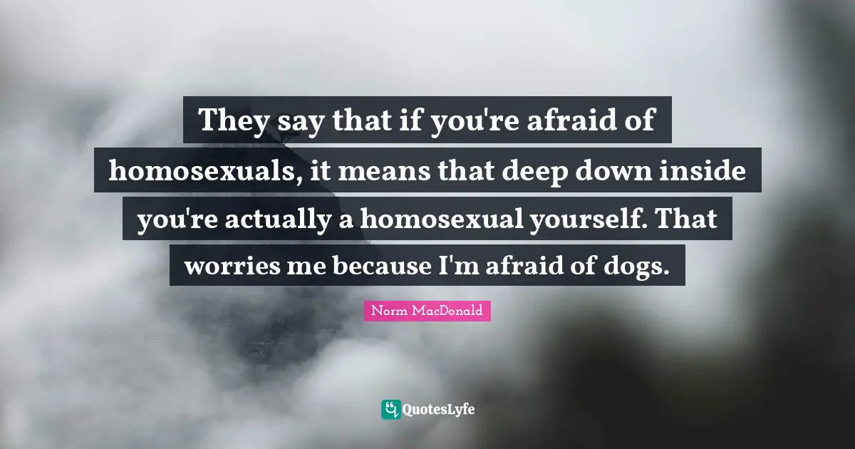 Dog Quotes: "They say that if you're afraid of homosexuals, it means that deep down inside you're actually a homosexual yourself. That worries me because I'm afraid of dogs."