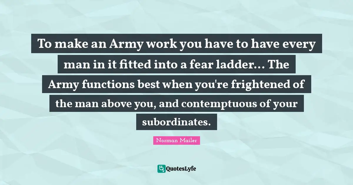 To make an Army work you have to have every man in it fitted into a fear ladder... The Army functions best when you're frightened of the man above you, and contemptuous of your subordinates.
