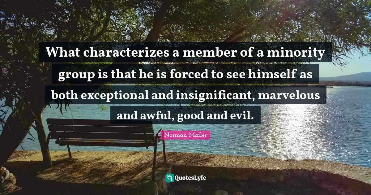 Norman Mailer Quotes: "What characterizes a member of a minority group is that he is forced to see himself as both exceptional and insignificant, marvelous and awful, good and evil."