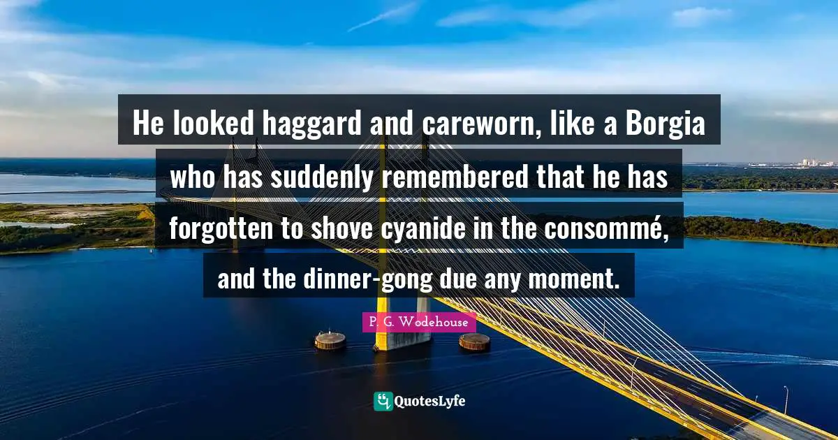 He looked haggard and careworn, like a Borgia who has suddenly remembered that he has forgotten to shove cyanide in the consommé, and the dinner-gong due any moment.