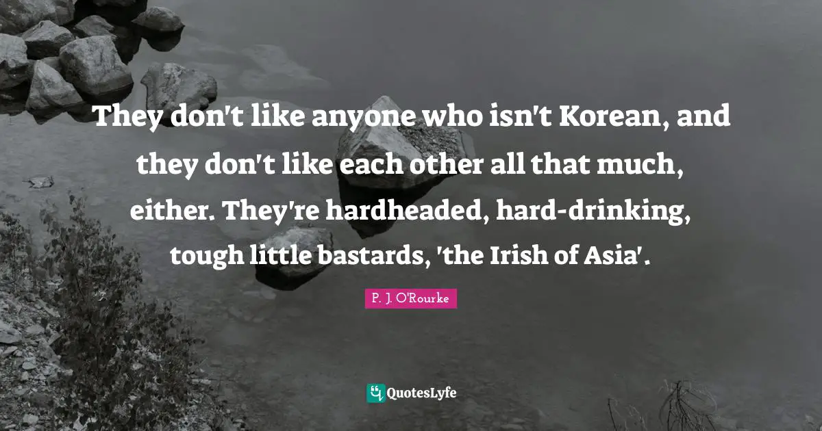 They don't like anyone who isn't Korean, and they don't like each other all that much, either. They're hardheaded, hard-drinking, tough little bastards, 'the Irish of Asia'.