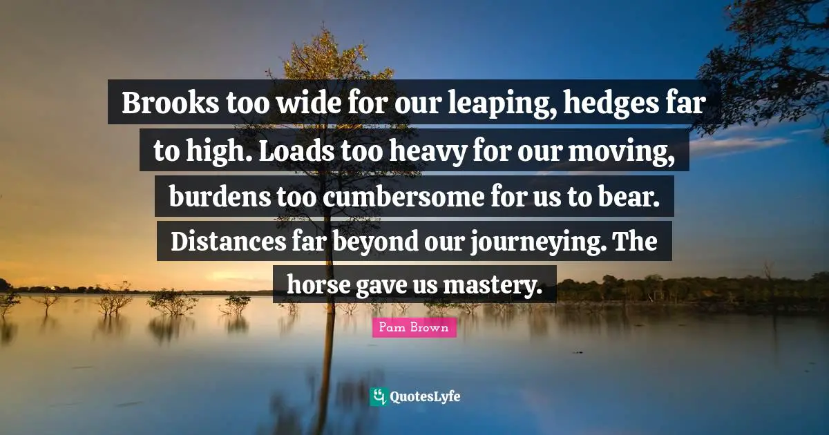 Brooks too wide for our leaping, hedges far to high. Loads too heavy for our moving, burdens too cumbersome for us to bear. Distances far beyond our journeying. The horse gave us mastery.