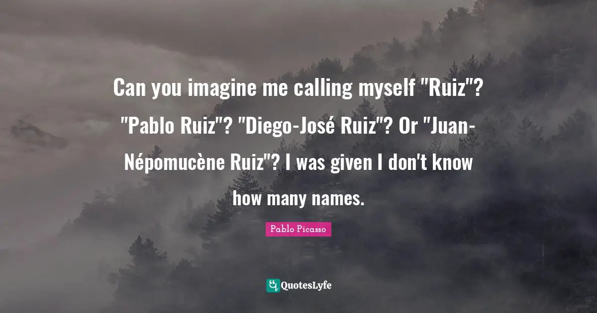 Can you imagine me calling myself "Ruiz"? "Pablo Ruiz"? "Diego-José Ruiz"? Or "Juan-Népomucène Ruiz"? I was given I don't know how many names.