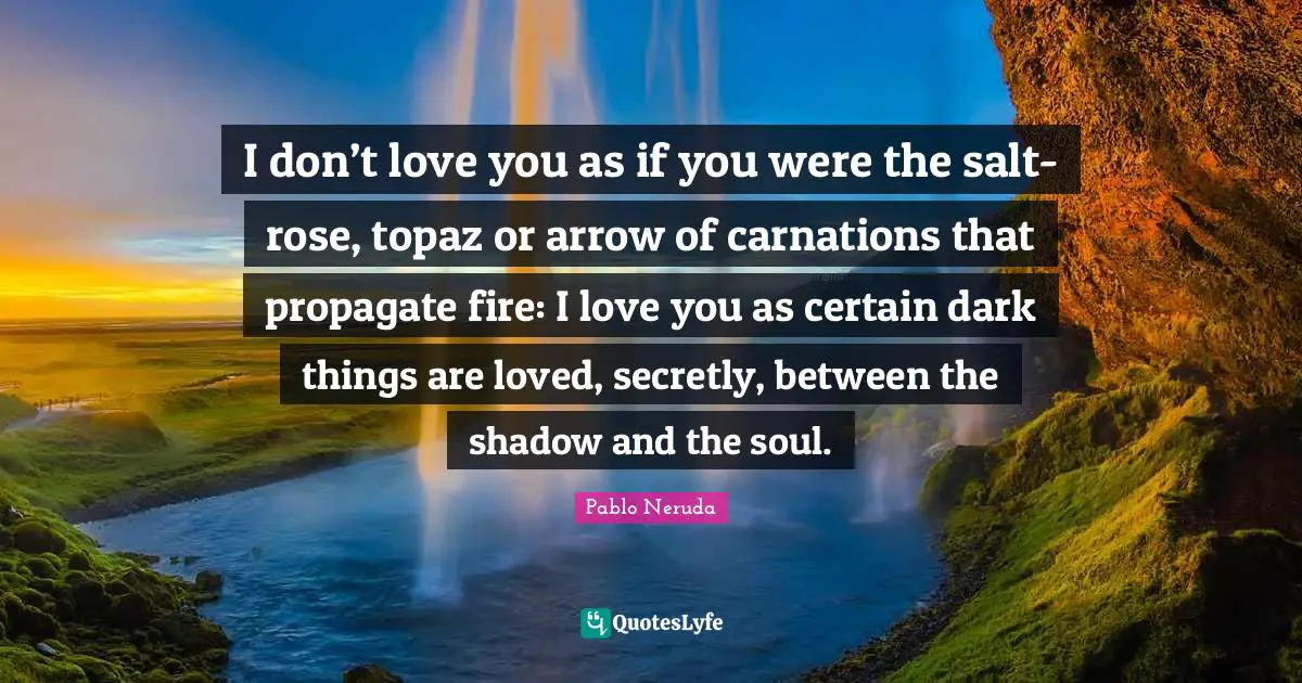 Pablo Neruda Quotes: I don’t love you as if you were the salt-rose, topaz or arrow of carnations that propagate fire: I love you as certain dark things are loved, secretly, between the shadow and the soul.