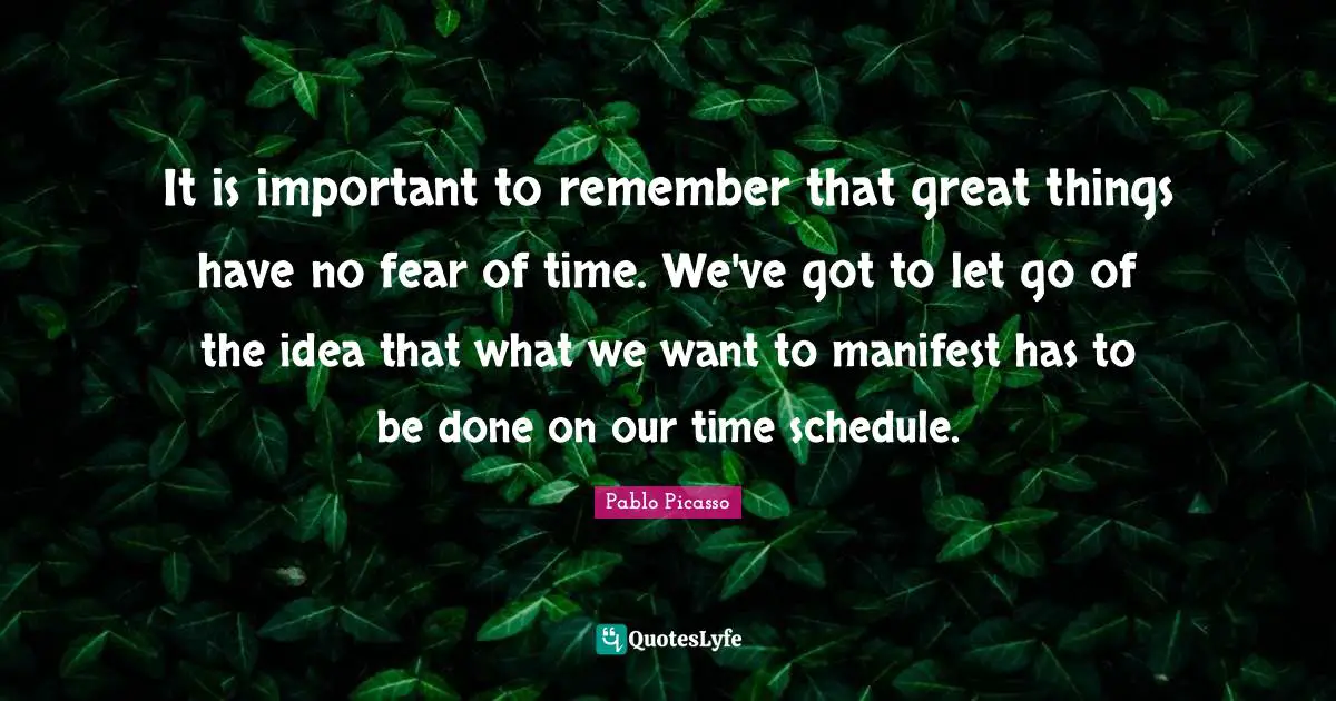 Do Great Things Quotes: "It is important to remember that great things have no fear of time. We've got to let go of the idea that what we want to manifest has to be done on our time schedule."