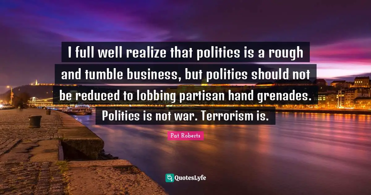 I full well realize that politics is a rough and tumble business, but politics should not be reduced to lobbing partisan hand grenades. Politics is not war. Terrorism is.