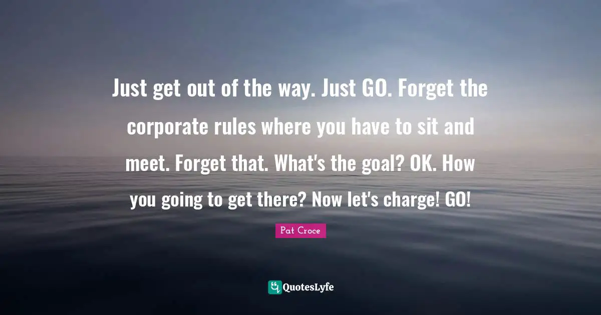 Just get out of the way. Just GO. Forget the corporate rules where you have to sit and meet. Forget that. What's the goal? OK. How you going to get there? Now let's charge! GO!