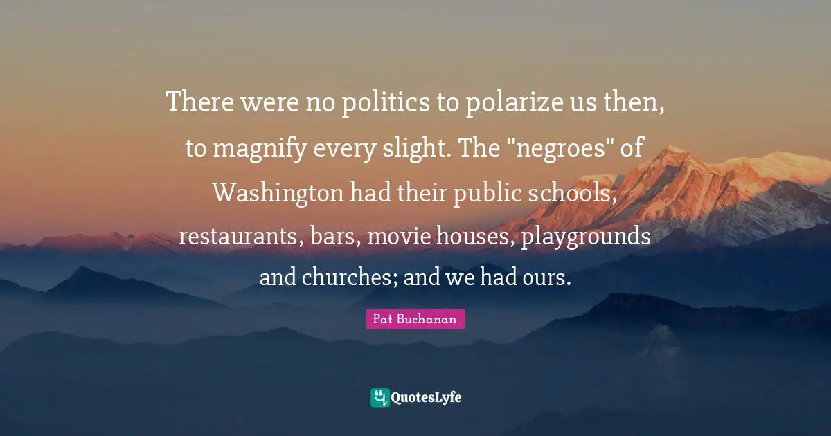 There were no politics to polarize us then, to magnify every slight. The "negroes" of Washington had their public schools, restaurants, bars, movie houses, playgrounds and churches; and we had ours.