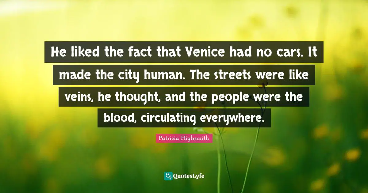 He liked the fact that Venice had no cars. It made the city human. The streets were like veins, he thought, and the people were the blood, circulating everywhere.