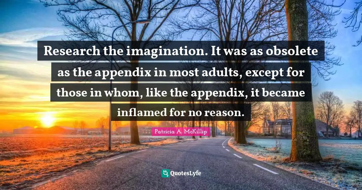 Research the imagination. It was as obsolete as the appendix in most adults, except for those in whom, like the appendix, it became inflamed for no reason.