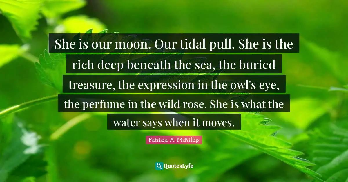 She is our moon. Our tidal pull. She is the rich deep beneath the sea, the buried treasure, the expression in the owl's eye, the perfume in the wild rose. She is what the water says when it moves.
