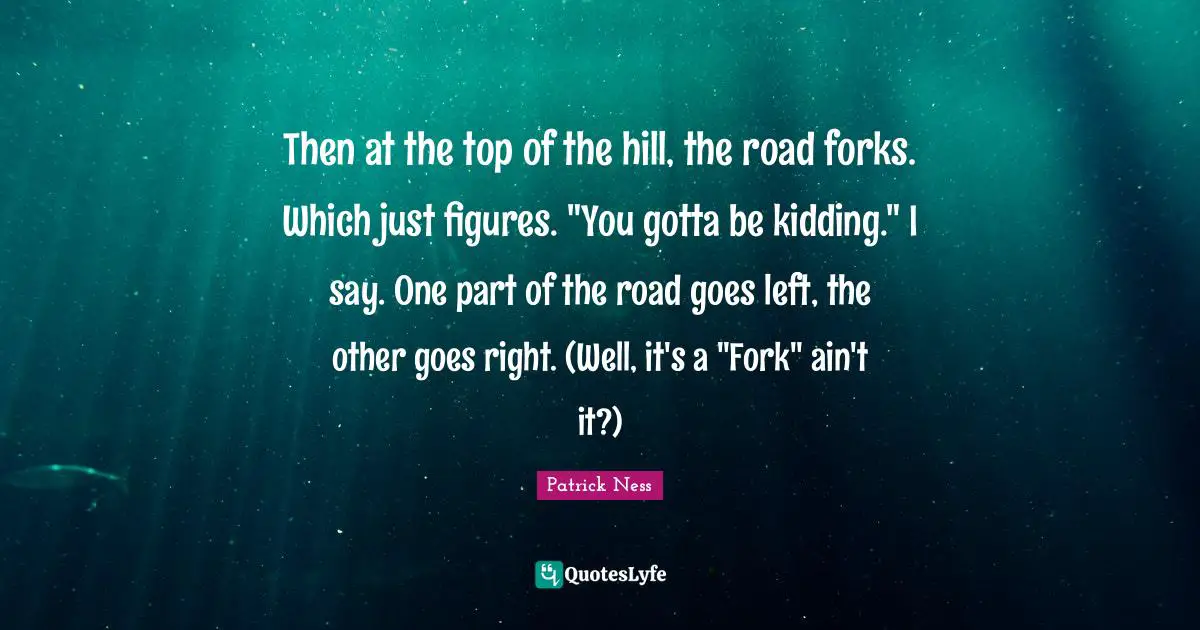 Then at the top of the hill, the road forks. Which just figures. "You gotta be kidding." I say. One part of the road goes left, the other goes right. (Well, it's a "Fork" ain't it?)
