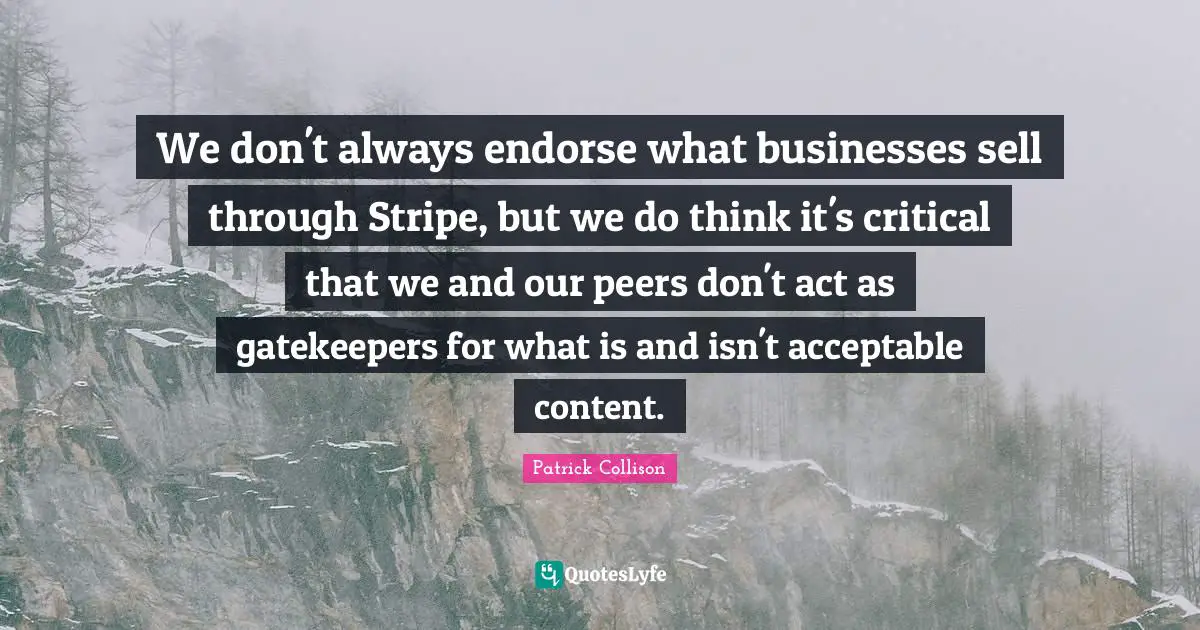 We don't always endorse what businesses sell through Stripe, but we do think it's critical that we and our peers don't act as gatekeepers for what is and isn't acceptable content.