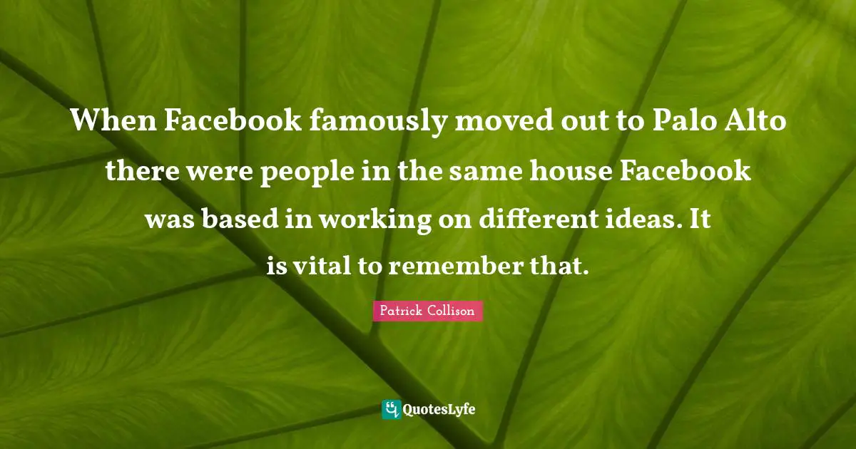 When Facebook famously moved out to Palo Alto there were people in the same house Facebook was based in working on different ideas. It is vital to remember that.
