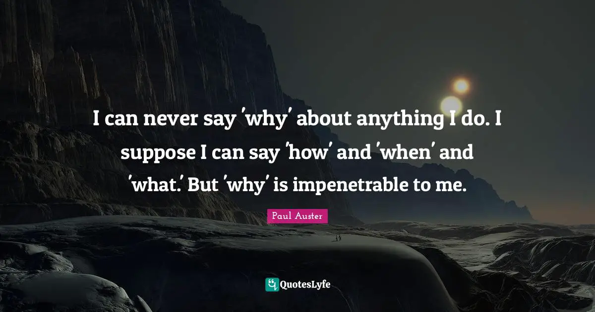 I can never say 'why' about anything I do. I suppose I can say 'how' and 'when' and 'what.' But 'why' is impenetrable to me.