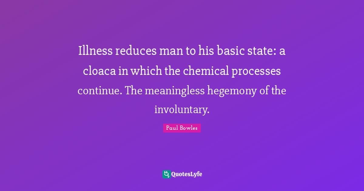 Illness reduces man to his basic state: a cloaca in which the chemical processes continue. The meaningless hegemony of the involuntary.