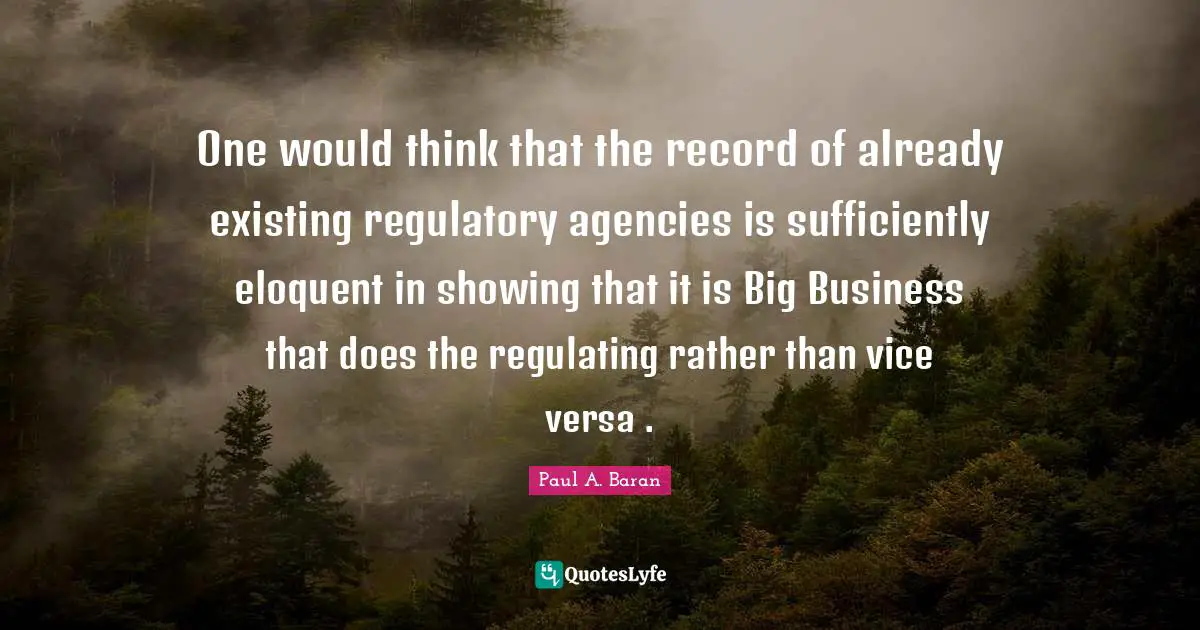 One would think that the record of already existing regulatory agencies is sufficiently eloquent in showing that it is Big Business that does the regulating rather than vice versa .