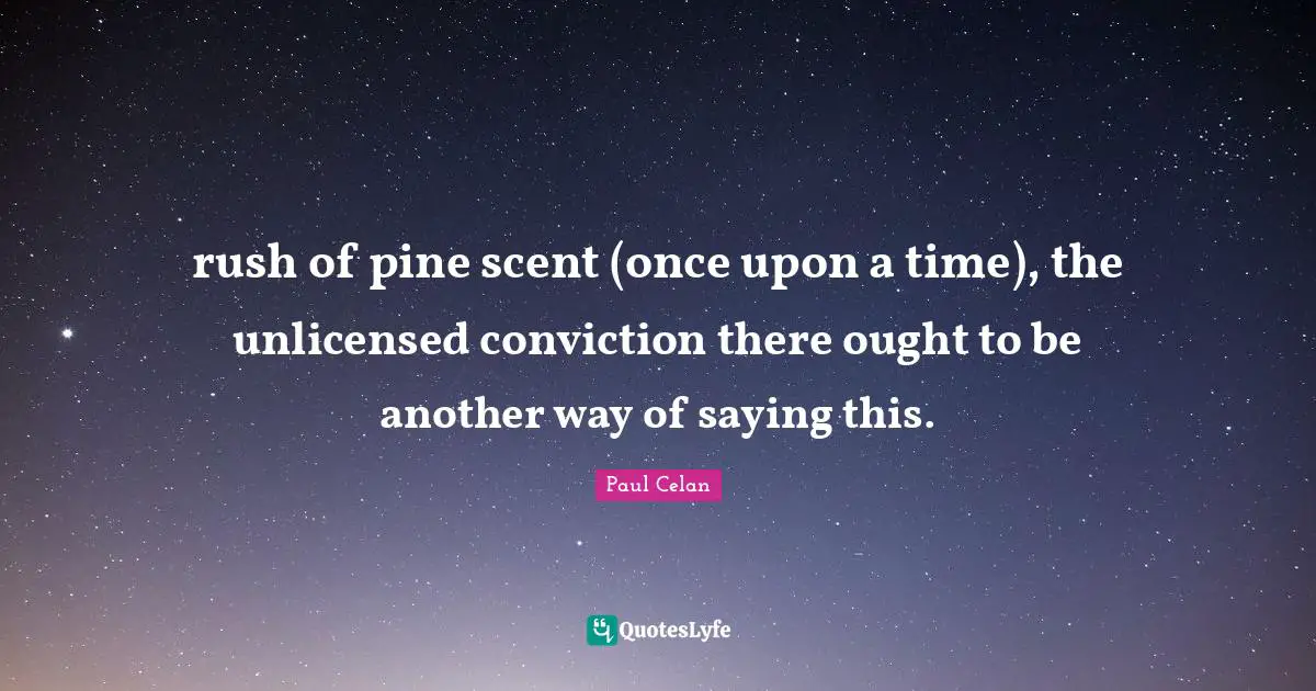 rush of pine scent (once upon a time), the unlicensed conviction there ought to be another way of saying this.
