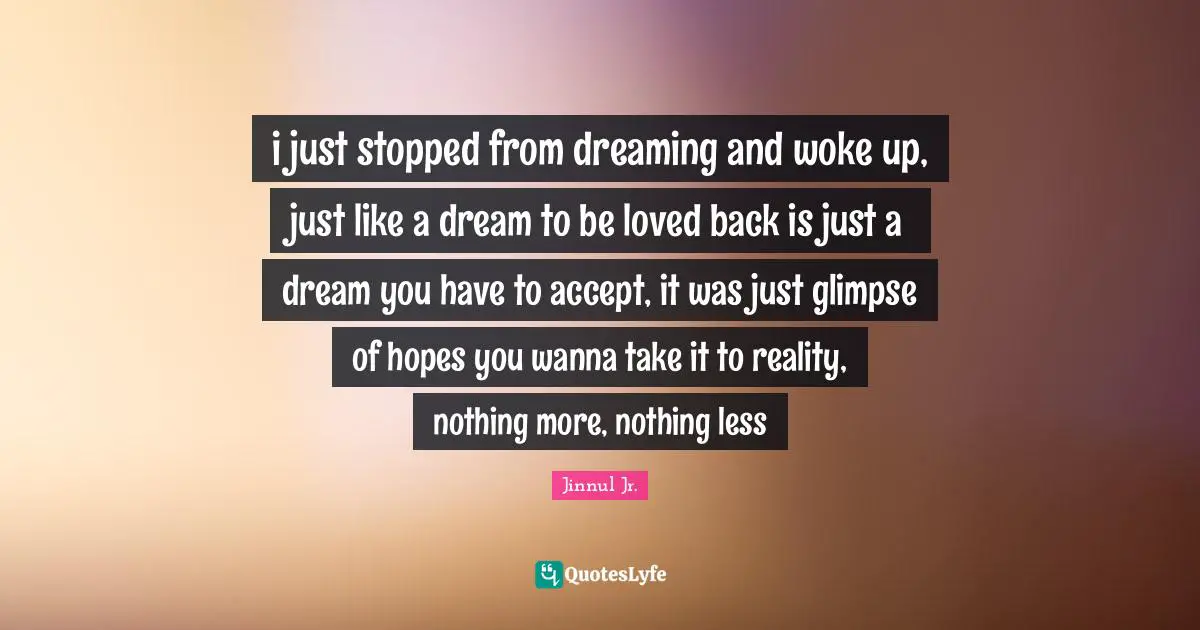 i just stopped from dreaming and woke up, just like a dream to be loved back is just a dream you have to accept, it was just glimpse of hopes you wanna take it to reality, nothing more, nothing less