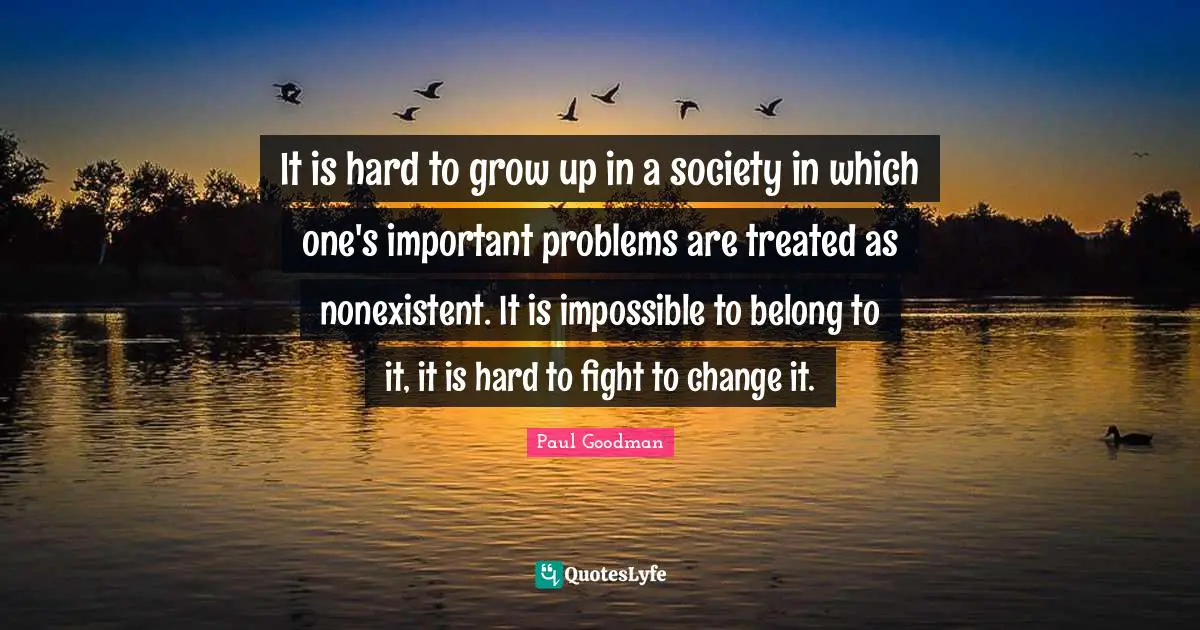 It is hard to grow up in a society in which one's important problems are treated as nonexistent. It is impossible to belong to it, it is hard to fight to change it.