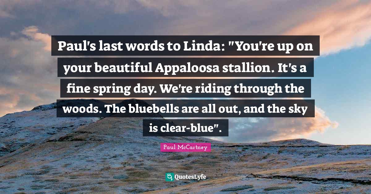 Paul McCartney Quotes: "Paul's last words to Linda: "You're up on your﻿ beautiful Appaloosa stallion. It's a fine spring day. We're riding through the woods. The bluebells are all out, and the sky is clear-blue"."