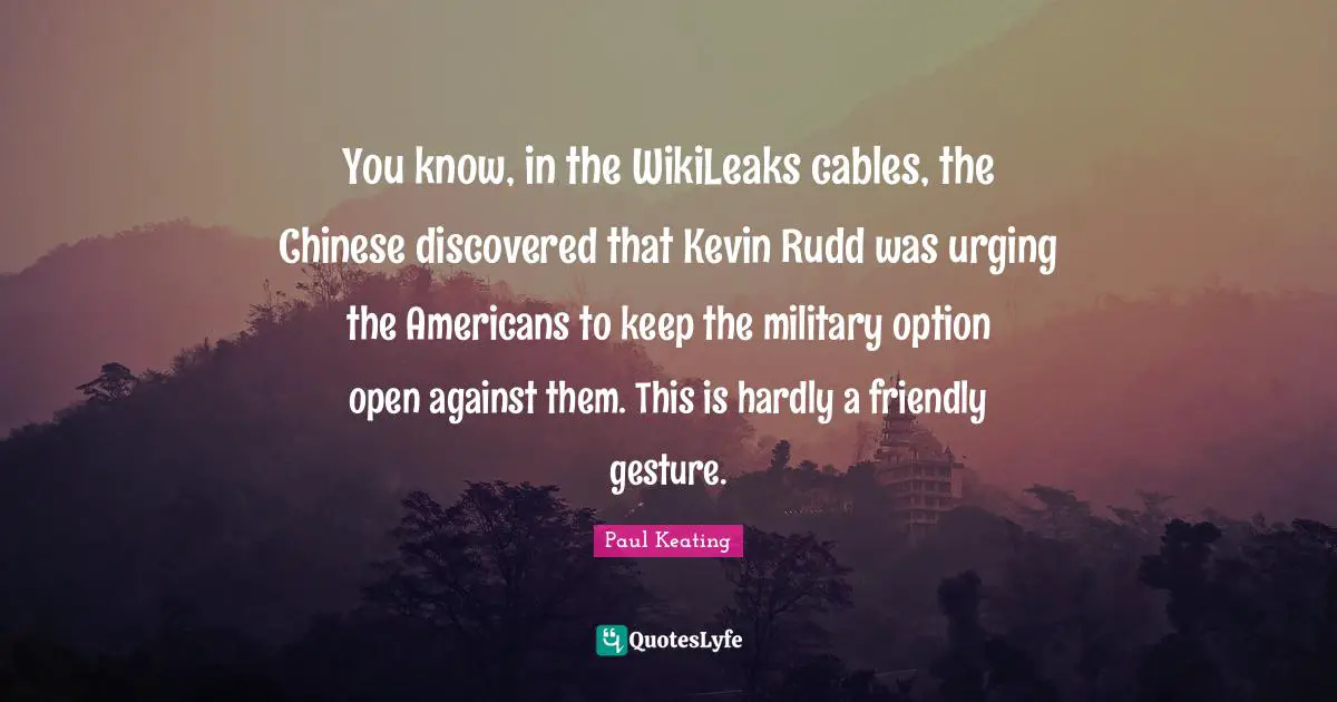 You know, in the WikiLeaks cables, the Chinese discovered that Kevin Rudd was urging the Americans to keep the military option open against them. This is hardly a friendly gesture.