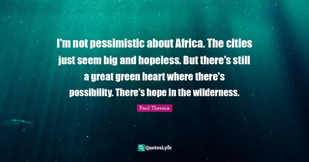 I'm not pessimistic about Africa. The cities just seem big and hopeless. But there's still a great green heart where there's possibility. There's hope in the wilderness.