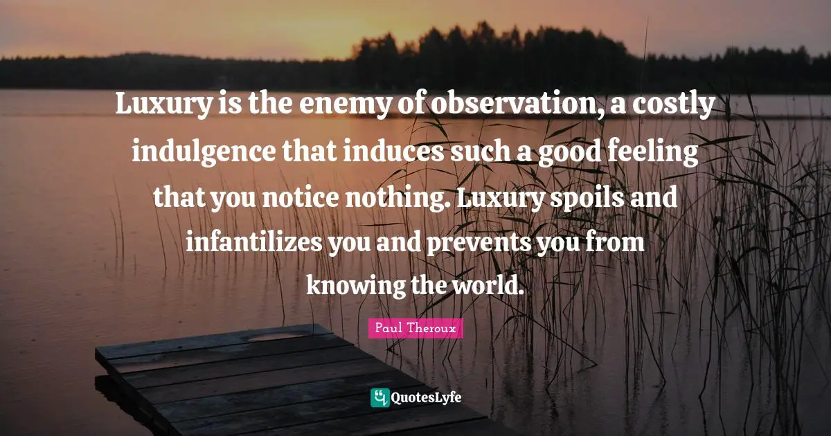 Luxury is the enemy of observation, a costly indulgence that induces such a good feeling that you notice nothing. Luxury spoils and infantilizes you and prevents you from knowing the world.