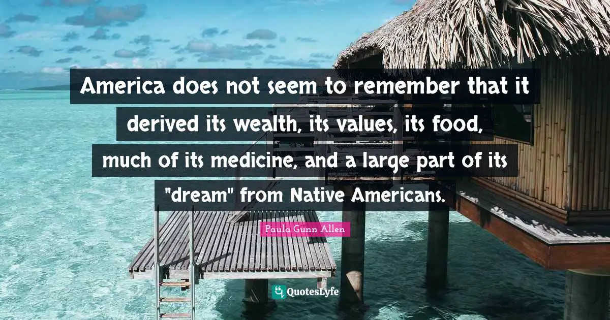 America does not seem to remember that it derived its wealth, its values, its food, much of its medicine, and a large part of its "dream" from Native Americans.