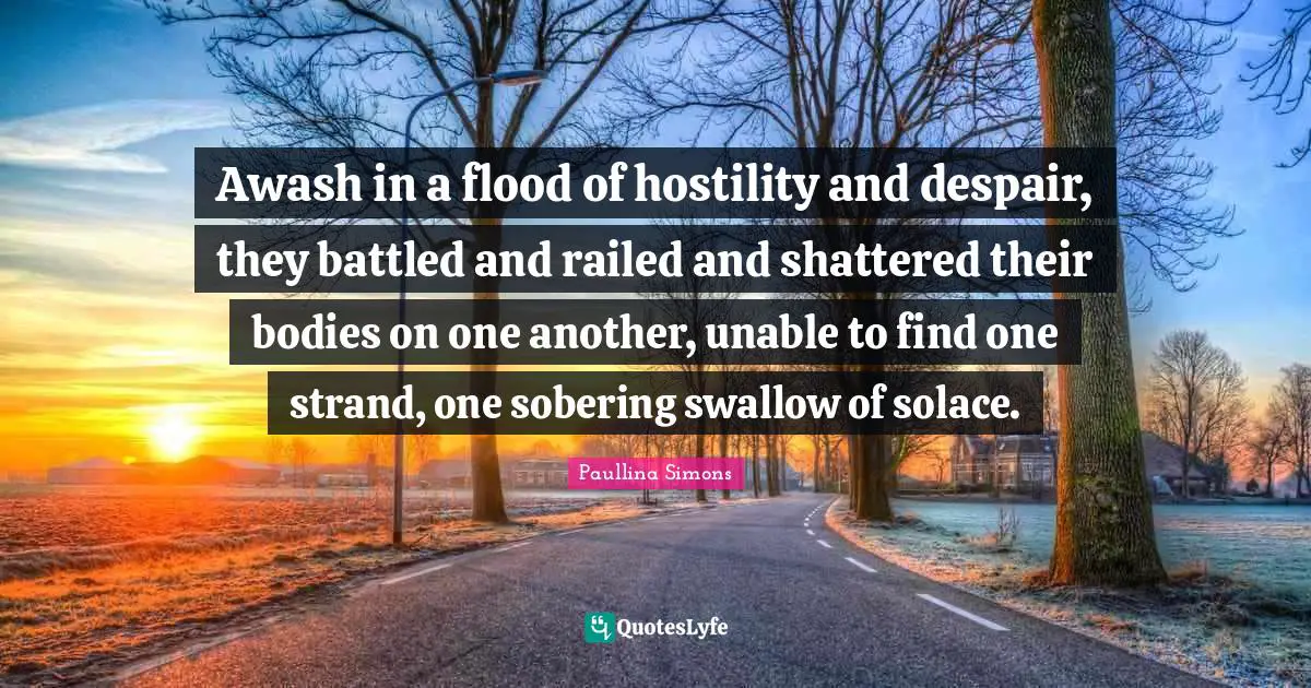 Awash in a flood of hostility and despair, they battled and railed and shattered their bodies on one another, unable to find one strand, one sobering swallow of solace.