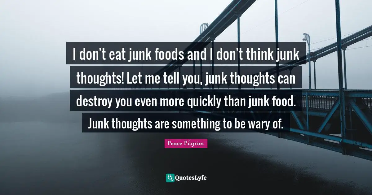 I don't eat junk foods and I don't think junk thoughts! Let me tell you, junk thoughts can destroy you even more quickly than junk food. Junk thoughts are something to be wary of.