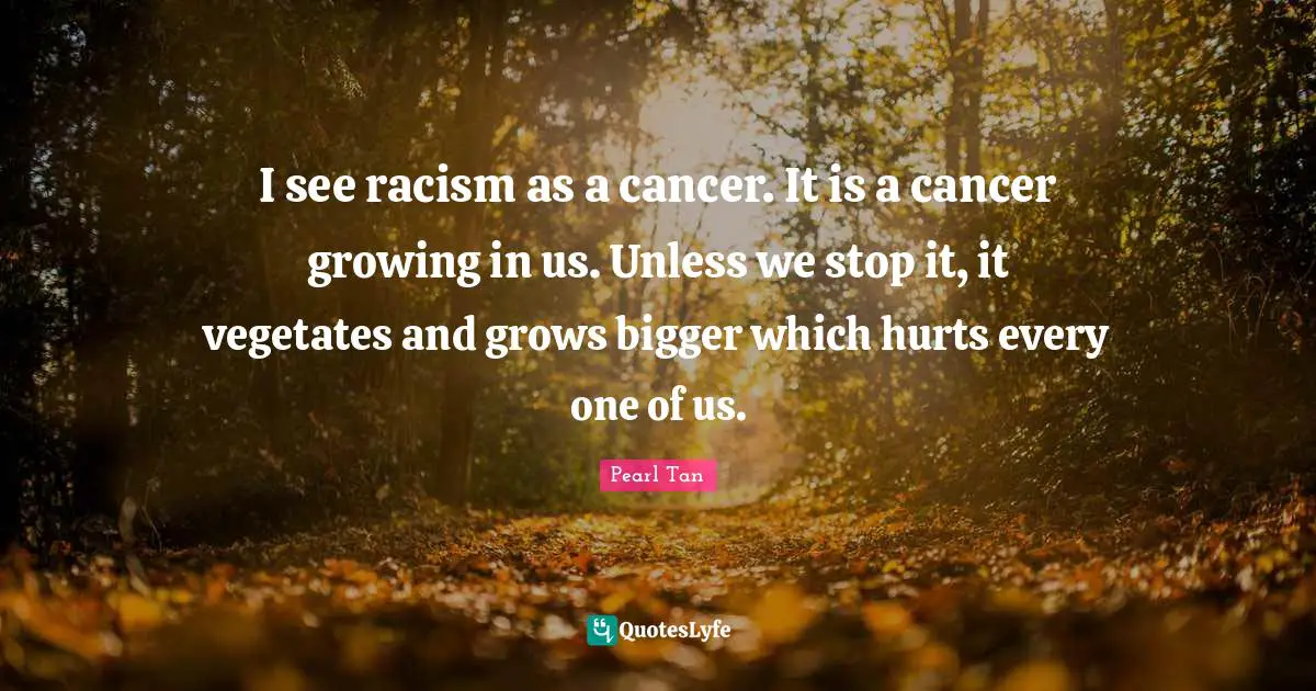 I see racism as a cancer. It is a cancer growing in us. Unless we stop it, it vegetates and grows bigger which hurts every one of us.