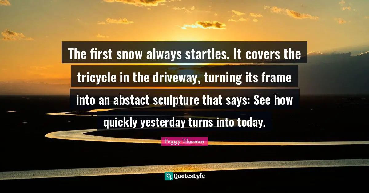 The first snow always startles. It covers the tricycle in the driveway, turning its frame into an abstact sculpture that says: See how quickly yesterday turns into today.