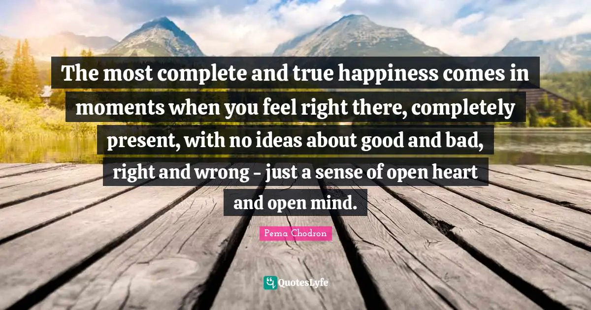 The most complete and true happiness comes in moments when you feel right there, completely present, with no ideas about good and bad, right and wrong - just a sense of open heart and open mind.