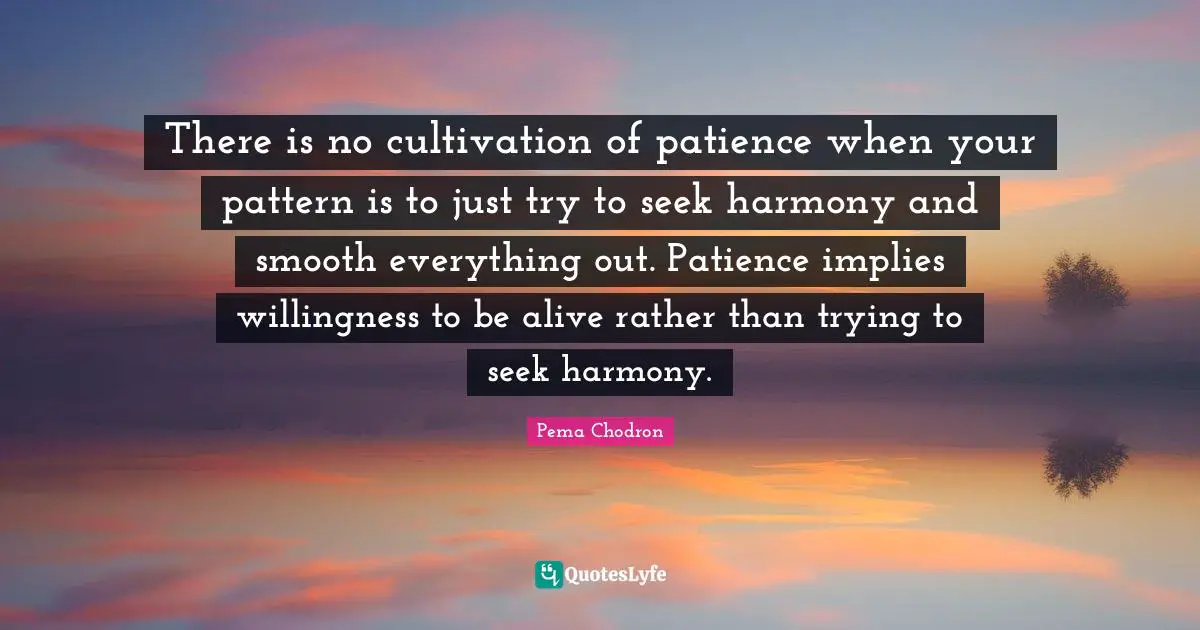 There is no cultivation of patience when your pattern is to just try to seek harmony and smooth everything out. Patience implies willingness to be alive rather than trying to seek harmony.