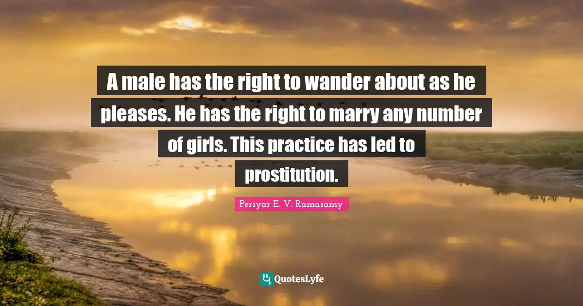 Periyar E.V. Ramasamy Quotes: "A male has the right to wander about as he pleases. He has the right to marry any number of girls. This practice has led to prostitution."