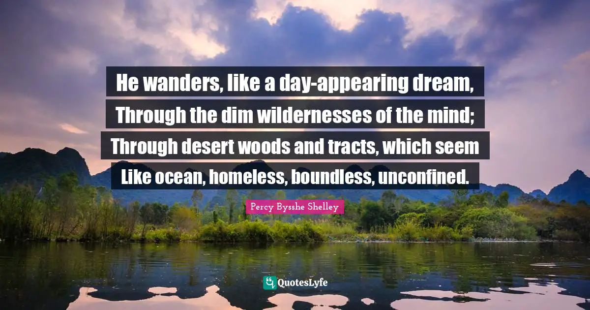 He wanders, like a day-appearing dream, Through the dim wildernesses of the mind; Through desert woods and tracts, which seem Like ocean, homeless, boundless, unconfined.