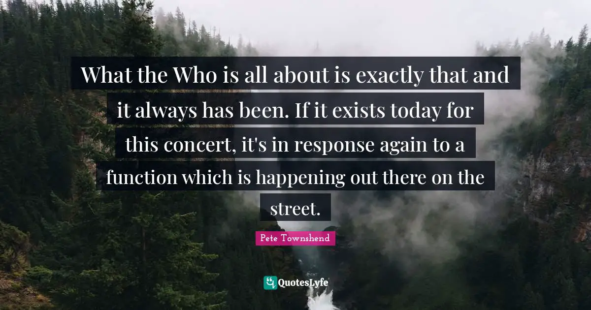 Pete Townshend Quotes: "What the Who is all about is exactly that and it always has been. If it exists today for this concert, it's in response again to a function which is happening out there on the street."